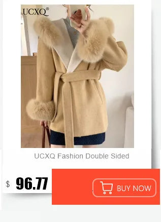 UCXQ Elegant OL Office Lady Overcoats Fur Patchwork Long Sleeve Woolen Coat Beautiful Women's Clothing Jacket Autumn 2025 Winter