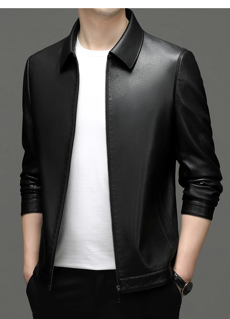 YN-2335 Spring and Autumn Men's Genuine Leather Polo Mock Neck Jacket Fashion Slim Sheepskin Coat Black Grey Husband Gift Youth