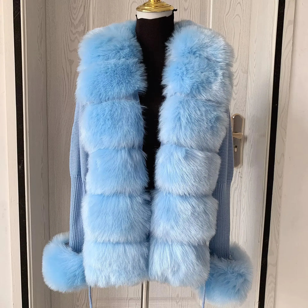 Women Faux Fur Knit Sweater cardigan Spring Autumn elegant Knitted sweater with faux fox fur collar Ladies Fashion Coat fur coat