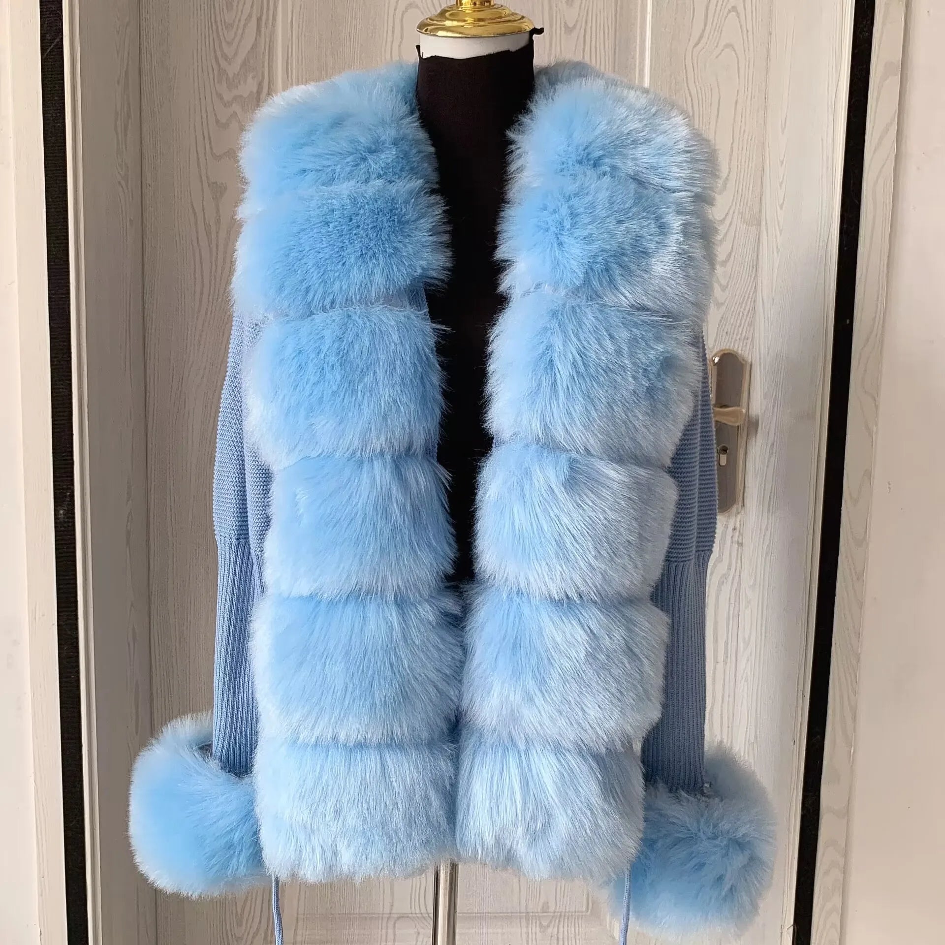 Women Faux Fur Knit Sweater cardigan Spring Autumn elegant Knitted sweater with faux fox fur collar Ladies Fashion Coat fur coat