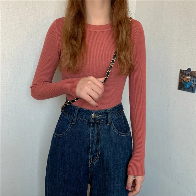 2025 New Women Sweater Autumn Winter Long Sleeve Pullover Basic Top Fashion O-neck Elastic Female Winter Solid Knitted Jumper