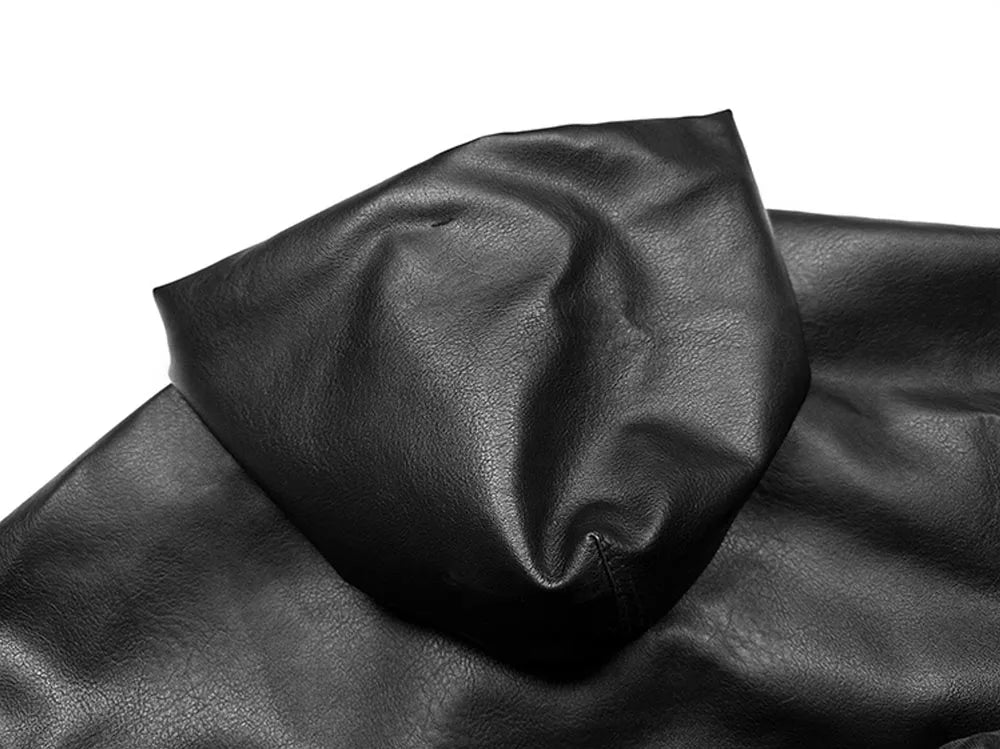 High Street Black Color Pu Leather WIndbreaker Coat Mens and Women Cleanfit Casual Loose Zipper Hooded Jackets Oversized