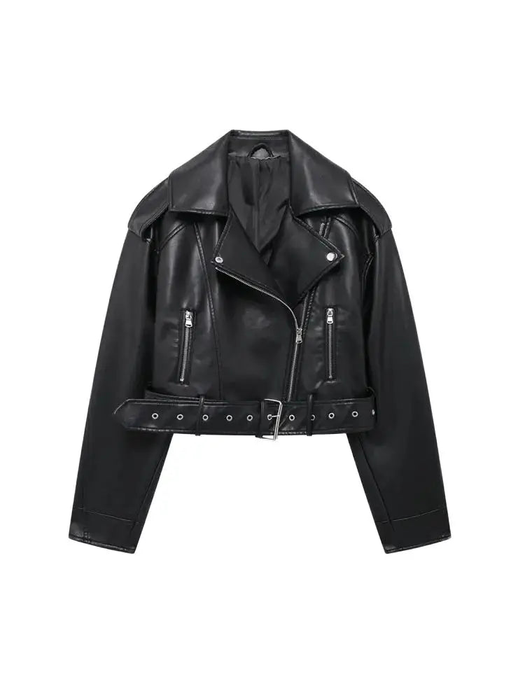 Faux Leather Moto & Biker Jacket for Women, Long Sleeve Coat, Front Zipper, Female Outerwear, Chic Tops, Fashion