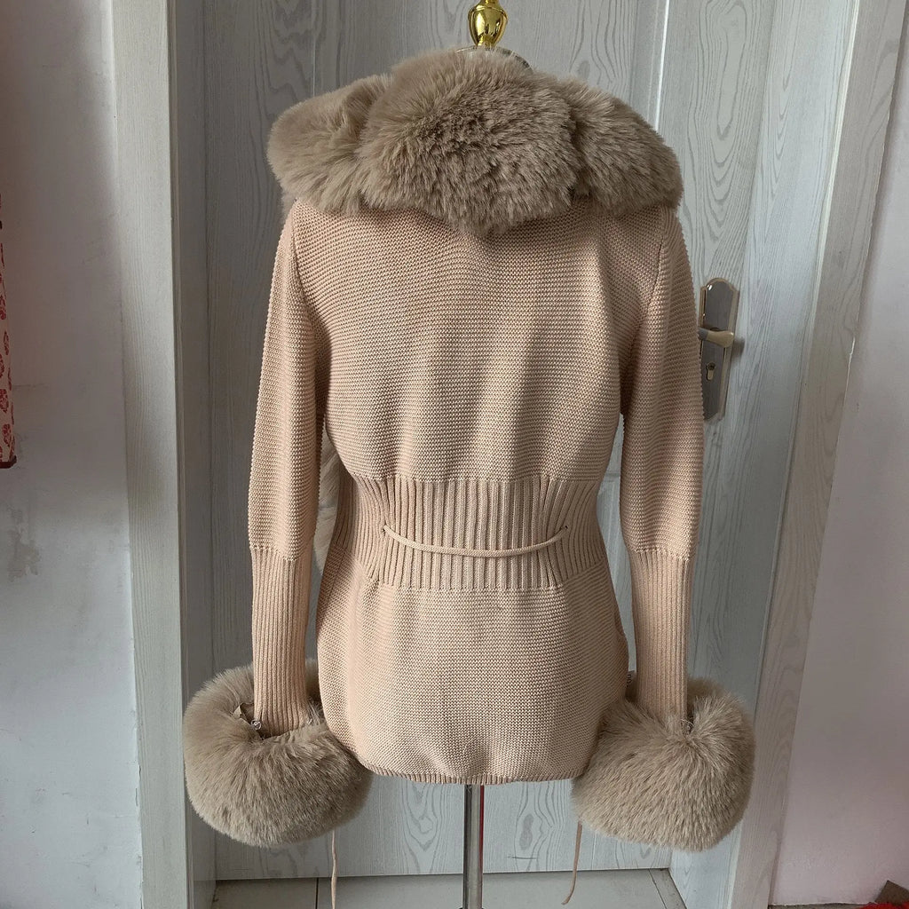 Women Faux Fur Knit Sweater cardigan Spring Autumn elegant Knitted sweater with faux fox fur collar Ladies Fashion Coat fur coat