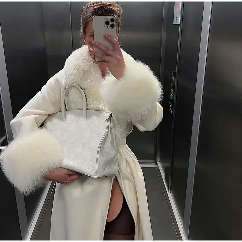Elegant Fur Patchwork Woolen Coat Women Chic Full Sleeve V-neck Lace Up Loose Long Overcoat 2025 Lady Winter Commute Outwear