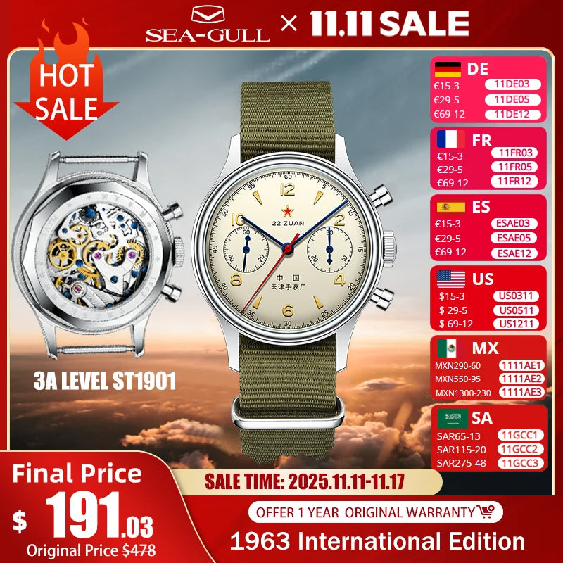 Seagull 1963 International Edition Men's Mechanical Watch Pilot Clock ST1901 Retro Chronograph Wristwatch Air Force Aviation New