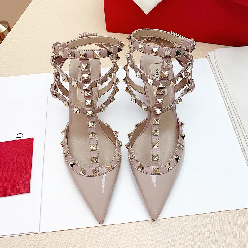 Three straps Rivet Heeled sandals luxury Women's Gladiator sandals summer Brand Slingbacks High Heels designer party Ladies Shoe