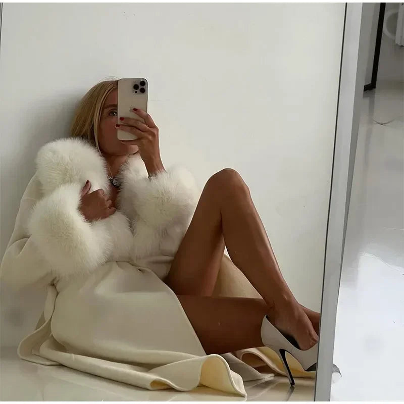 Elegant Fur Patchwork Woolen Coat Women Chic Full Sleeve V-neck Lace Up Loose Long Overcoat 2025 Lady Winter Commute Outwear