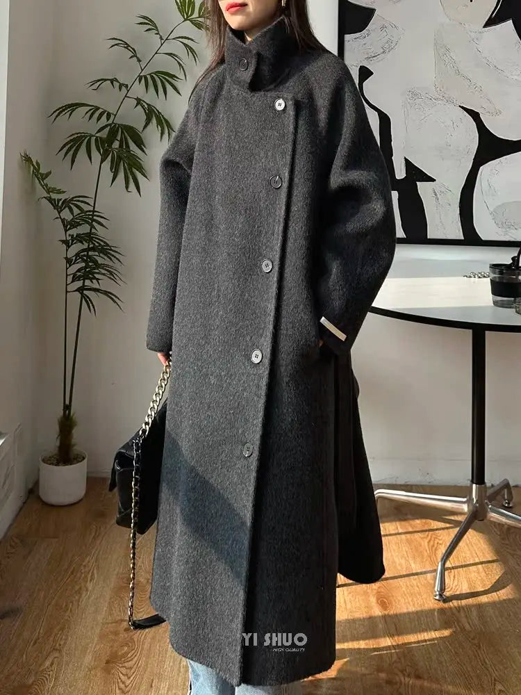 Korean Fashion Dark Gray Stand Collar 100%Wool Coat Women Long Winter Jacket
