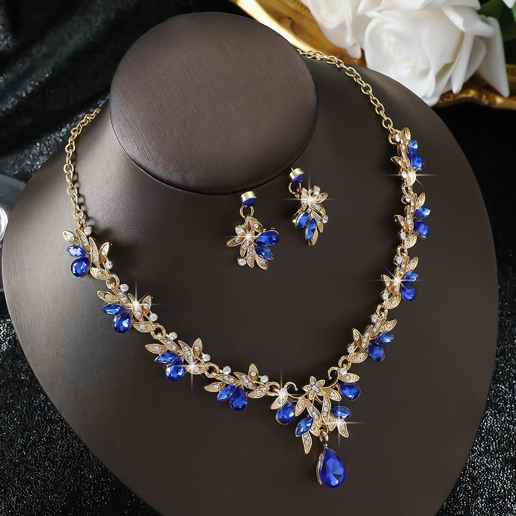 3PC Wedding Season Women's Fashion Trend Sparkling Leaf Water Drop Necklace Earrings Jewelry Set Banquet Party Holiday Gift