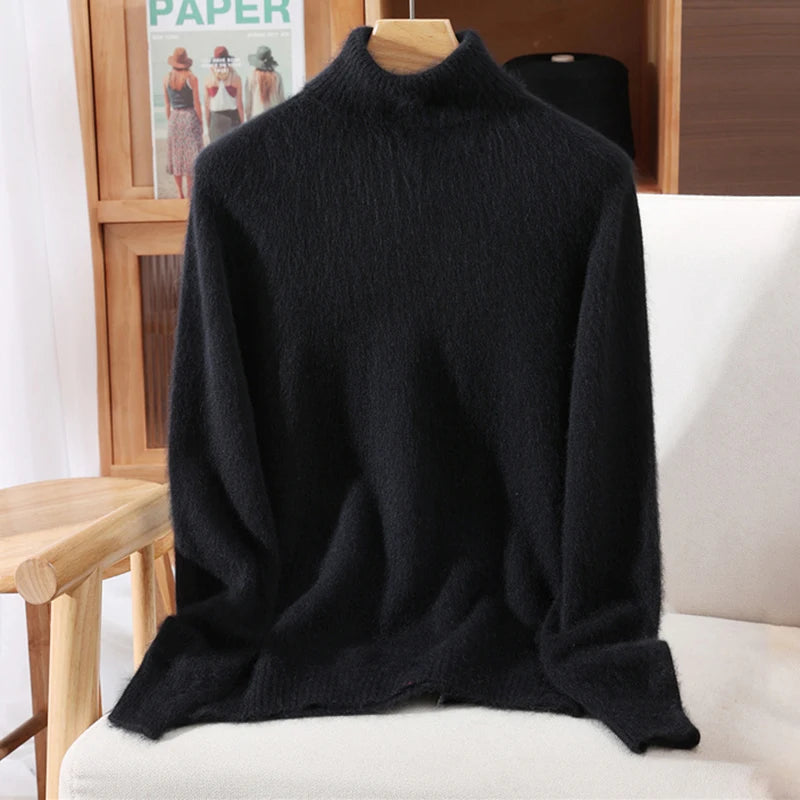 Autumn And Winter New 100% Mink Cashmere Sweater Ladies' High Lapel Solid Color Padded Pullover Wool Knitted Bottoming Shirt