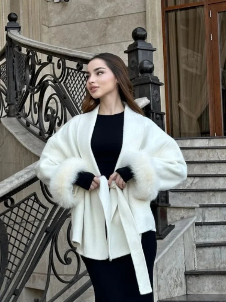 Elegant Fur Patchwork Woolen Coat Women Chic Full Sleeve V-neck Lace Up Loose Long Overcoat 2025 Lady Winter Commute Outwear