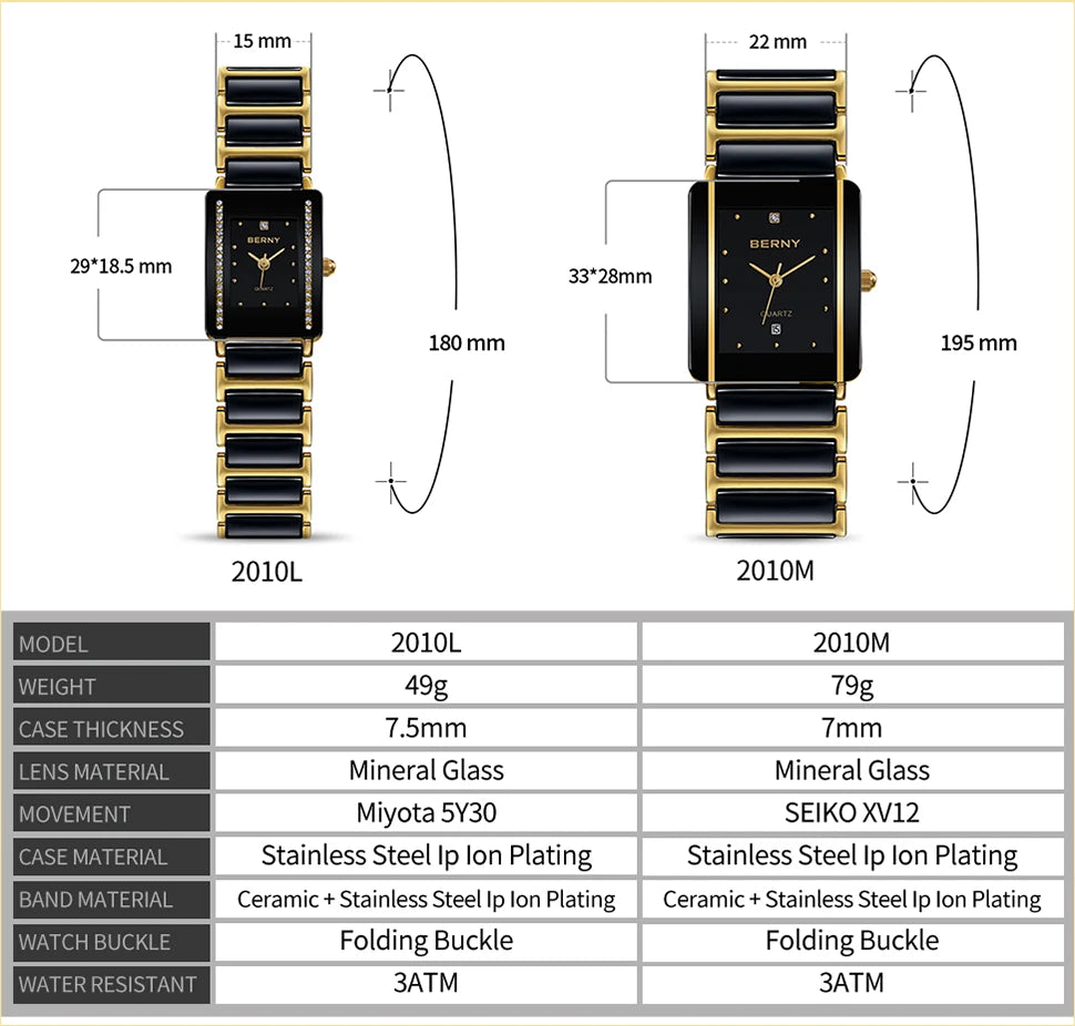 BERNY Ceramic Quartz Men Watch Fashion Luxury Rectangle Wristwatch XV12 Waterproof Calendar Diamon Black Gold Couple Gifts Watch