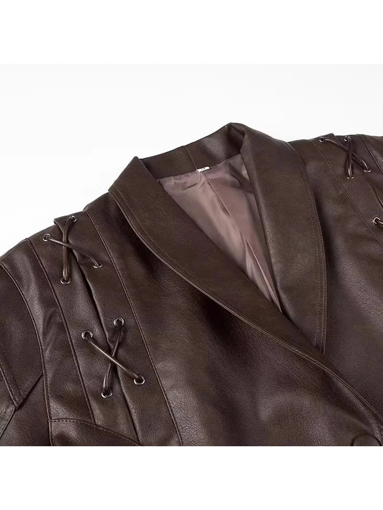 Mauroicardi Spring Autumn Short Retro Brown Pu Leather Jacket Women Sashes Lace Up Luxury Designer Emo Clothes European Fashion