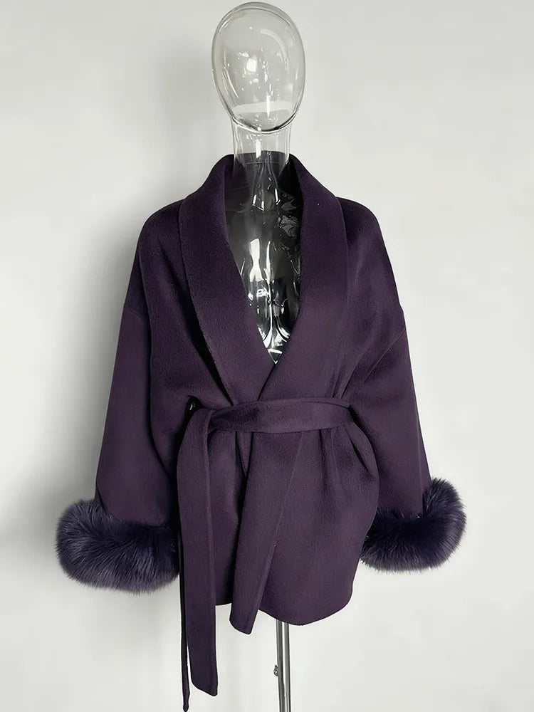 UCXQ Elegant OL Office Lady Overcoats Fur Patchwork Long Sleeve Woolen Coat Beautiful Women's Clothing Jacket Autumn 2025 Winter