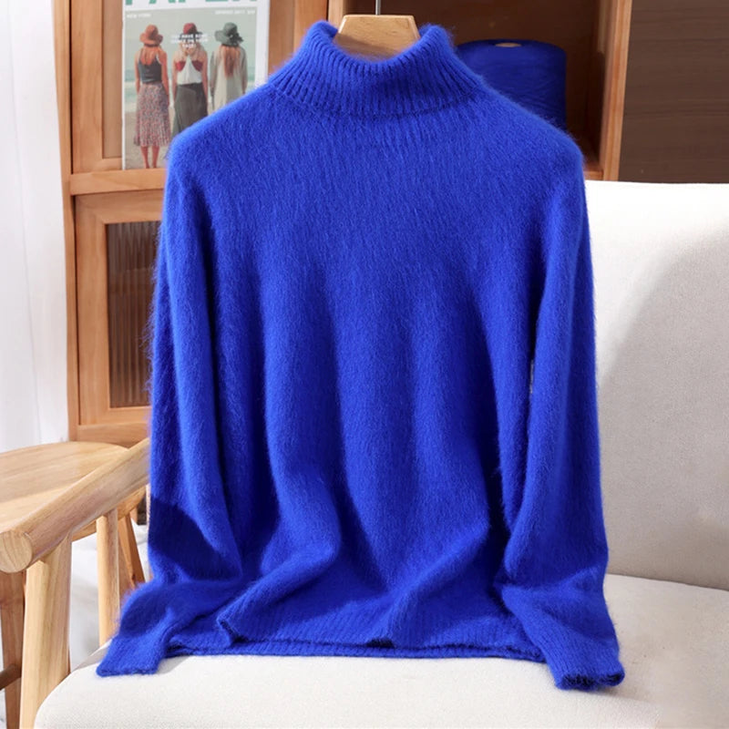 Autumn And Winter New 100% Mink Cashmere Sweater Ladies' High Lapel Solid Color Padded Pullover Wool Knitted Bottoming Shirt