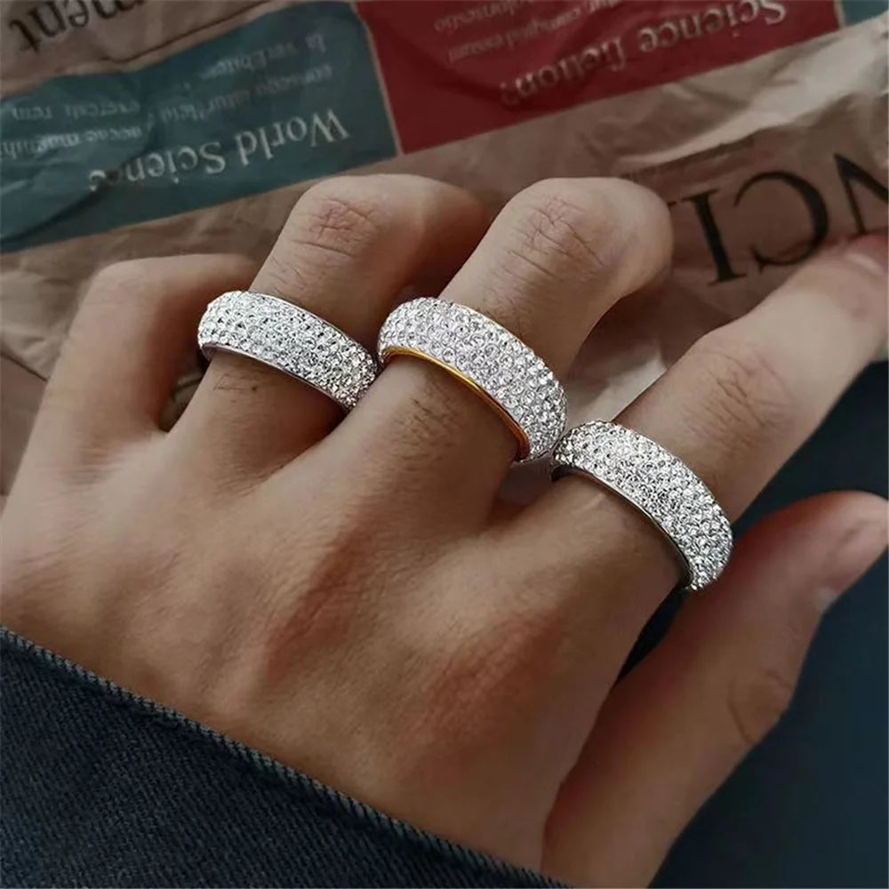 Hip Hop Iced Out Bling Arc Circle Ring Gold Silver Color Stainless Steel Cubic Zirconia Wedding Rings For Women Men Jewelry Gift