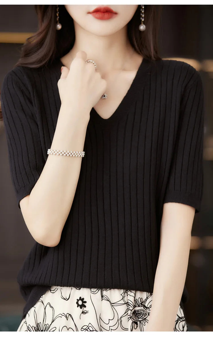 Women's Sweater Spring Summer Short Sleeve V-neck Knit Shirt Casual Korean Pullovers Stripe Bottoming Shirt Slim Fit Jumpers