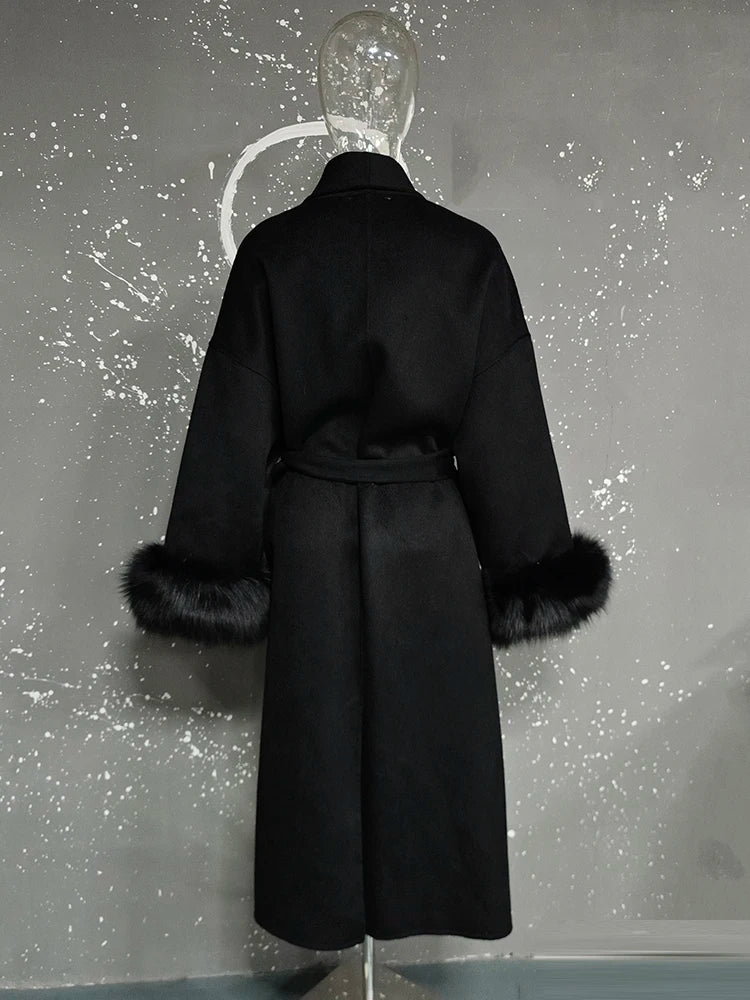 UCXQ Elegant OL Office Lady Overcoats Fur Patchwork Long Sleeve Woolen Coat Beautiful Women's Clothing Jacket Autumn 2025 Winter