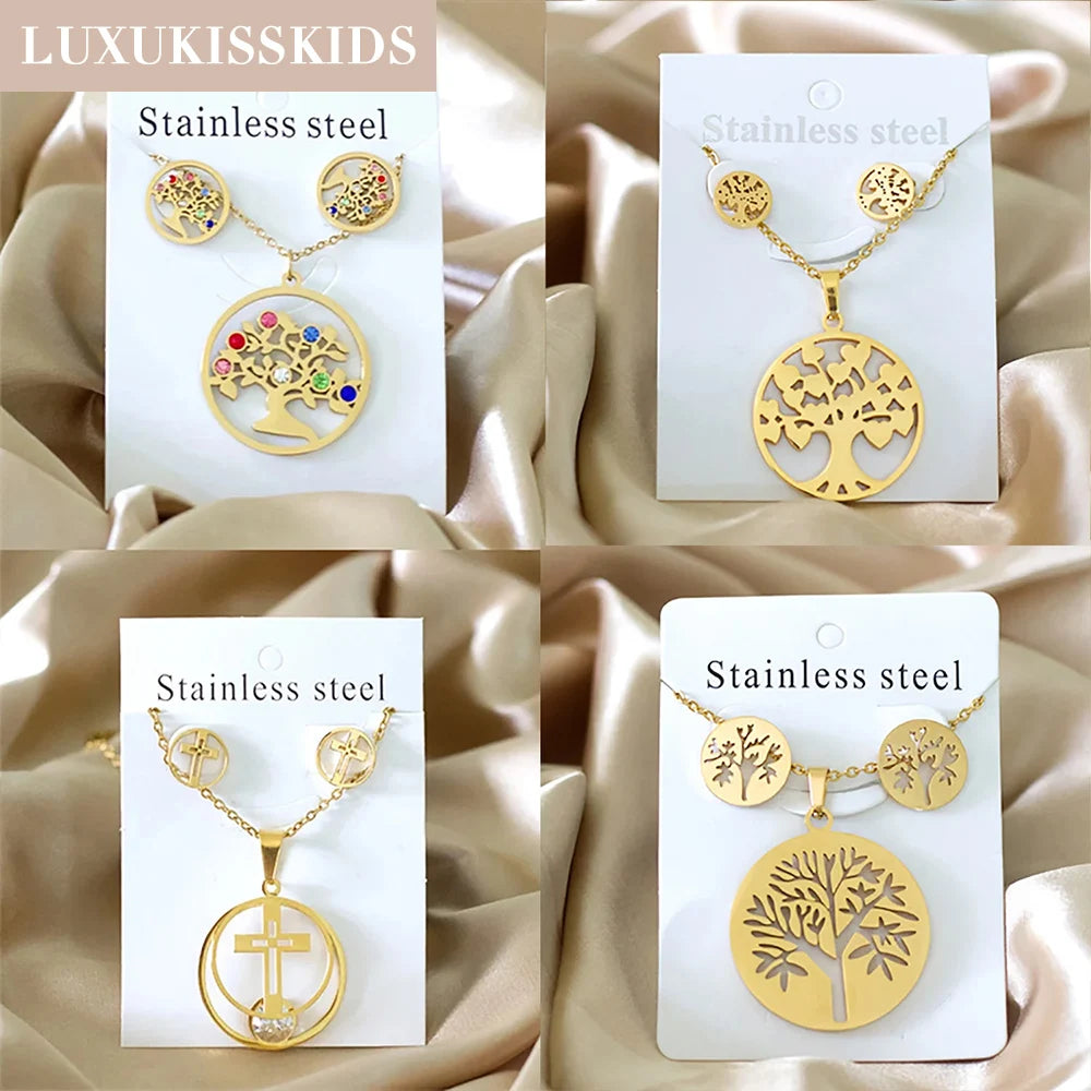 LUXUKISSKIDS Big Tree Of Life Charms Dubai Golden Jewelry Sets For Woman/Men Hippie Round Pendant Set of Necklace Earrings Punk