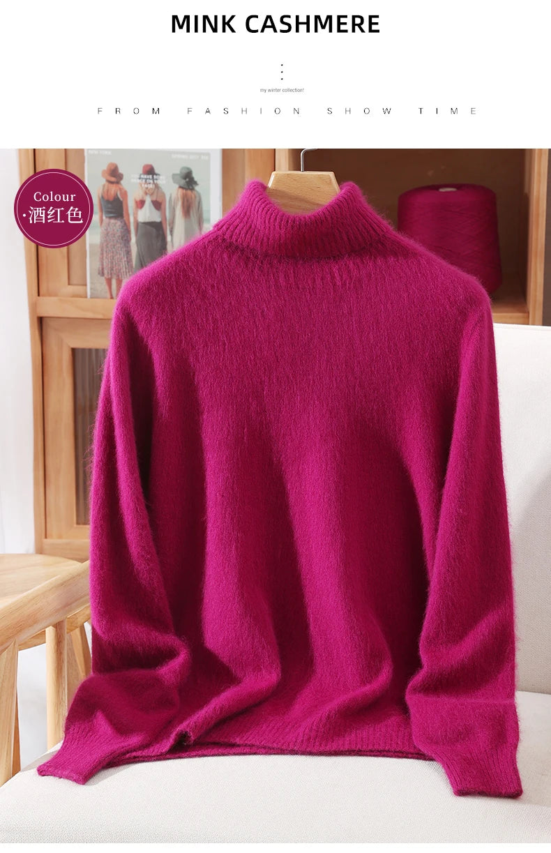 Autumn And Winter New 100% Mink Cashmere Sweater Ladies' High Lapel Solid Color Padded Pullover Wool Knitted Bottoming Shirt