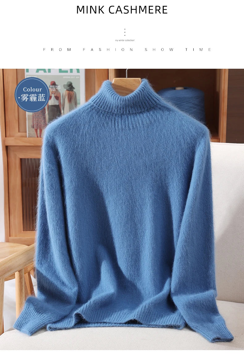 Autumn And Winter New 100% Mink Cashmere Sweater Ladies' High Lapel Solid Color Padded Pullover Wool Knitted Bottoming Shirt