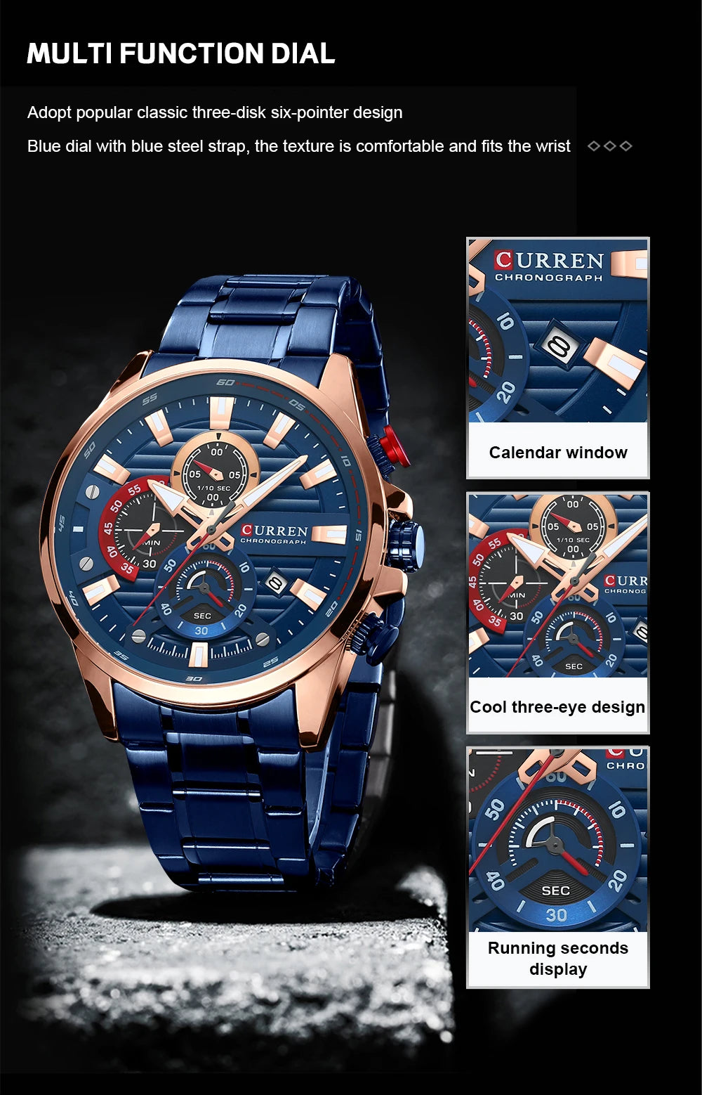 CURREN Sports Casual Quartz Wristwatches with Chronograph Fashion Stainless Steel Men's Watch Auto Date Clock Male with box