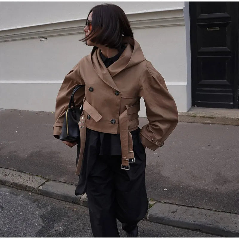 Elegant Double Belt Women Windbreaker Casual Khaki Long Sleeve Lapel Button Female Jacket 2025 Autumn Winter Lady Streetwear New