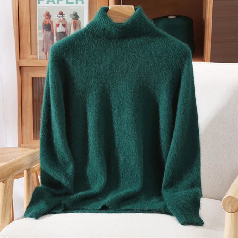 Autumn And Winter New 100% Mink Cashmere Sweater Ladies' High Lapel Solid Color Padded Pullover Wool Knitted Bottoming Shirt