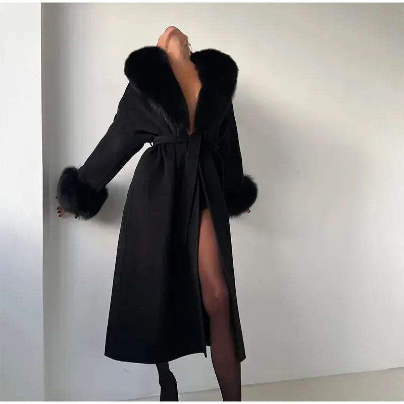 Elegant Fur Patchwork Woolen Coat Women Chic Full Sleeve V-neck Lace Up Loose Long Overcoat 2025 Lady Winter Commute Outwear