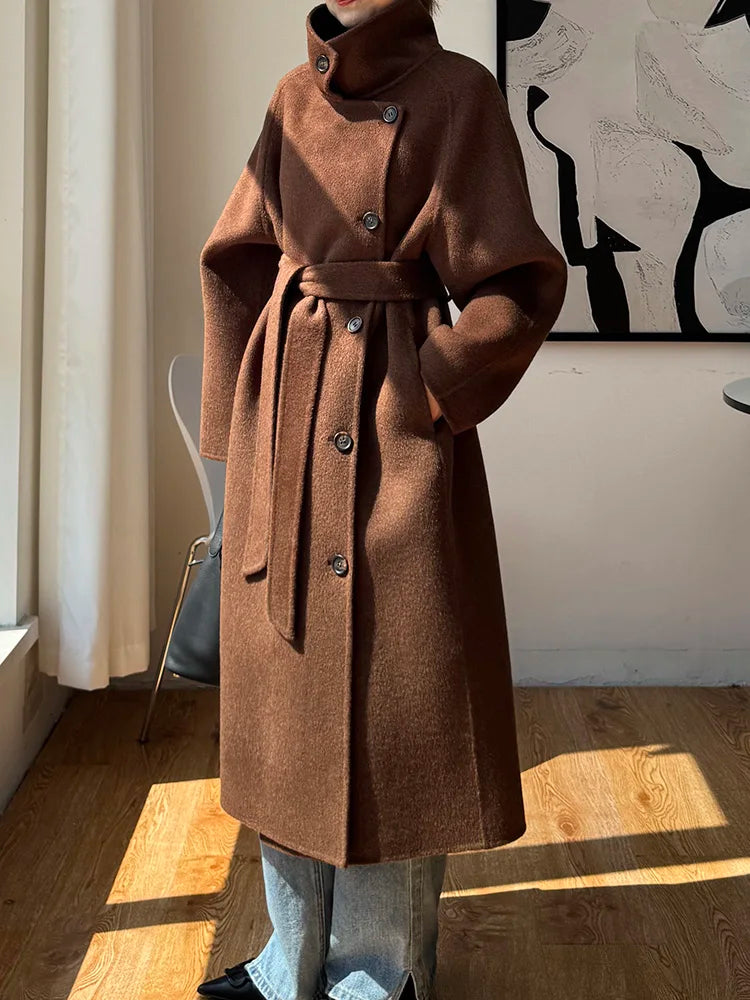 Korean Fashion Dark Gray Stand Collar 100%Wool Coat Women Long Winter Jacket