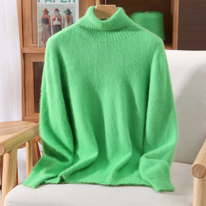 Autumn And Winter New 100% Mink Cashmere Sweater Ladies' High Lapel Solid Color Padded Pullover Wool Knitted Bottoming Shirt