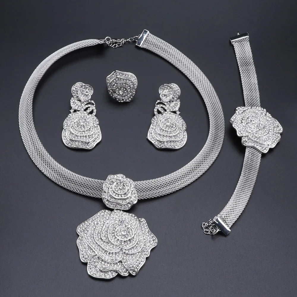 CYNTHIA Dubai Women Silver Plated Jewelry Sets African Wedding Bridal Ornament Gifts For Saudi Arab Necklace Bracelet Earrings