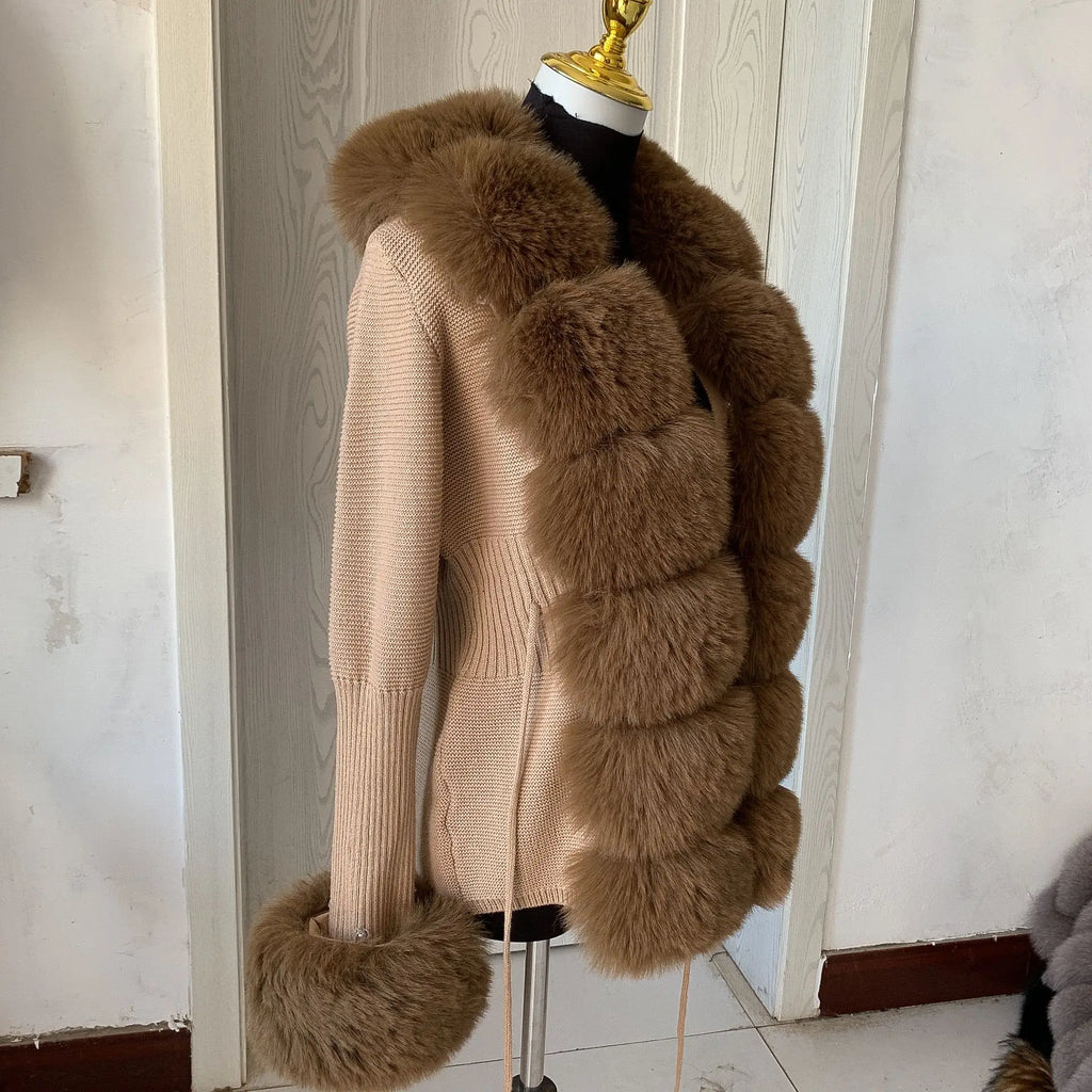 Women Faux Fur Knit Sweater cardigan Spring Autumn elegant Knitted sweater with faux fox fur collar Ladies Fashion Coat fur coat