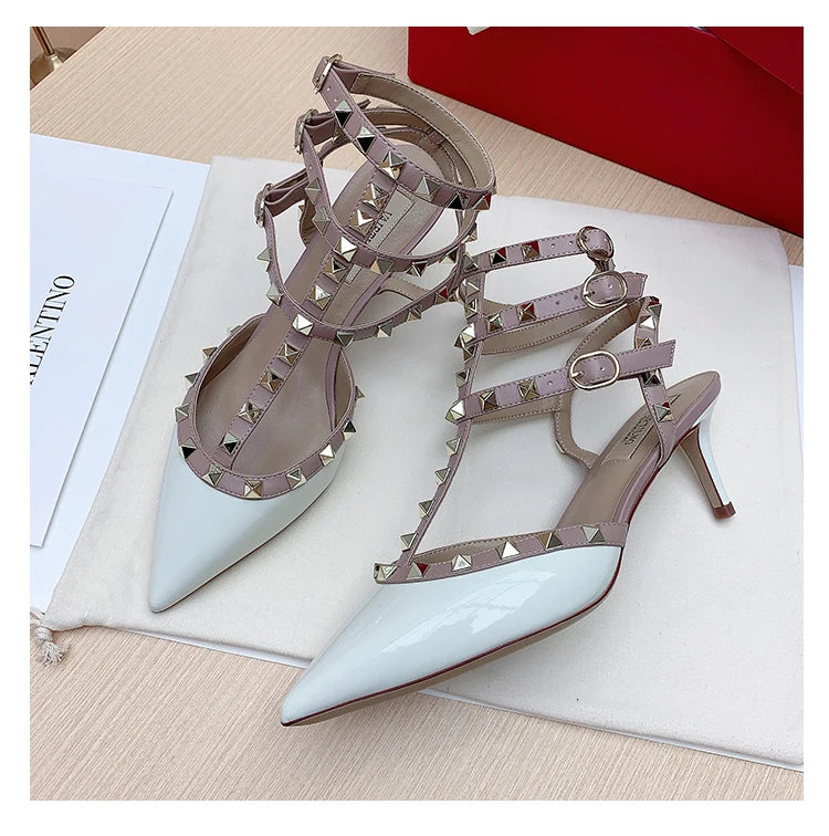 Three straps Rivet Heeled sandals luxury Women's Gladiator sandals summer Brand Slingbacks High Heels designer party Ladies Shoe