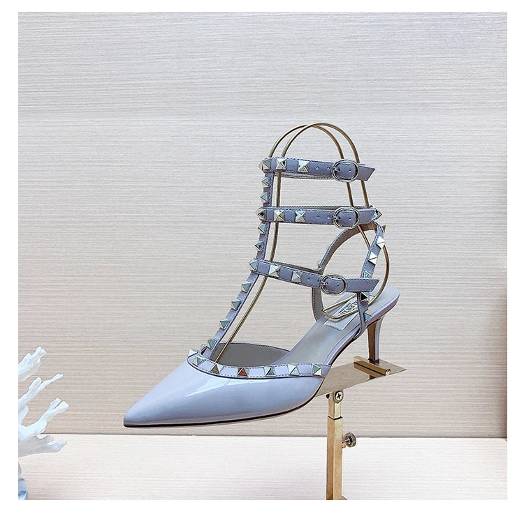 Three straps Rivet Heeled sandals luxury Women's Gladiator sandals summer Brand Slingbacks High Heels designer party Ladies Shoe