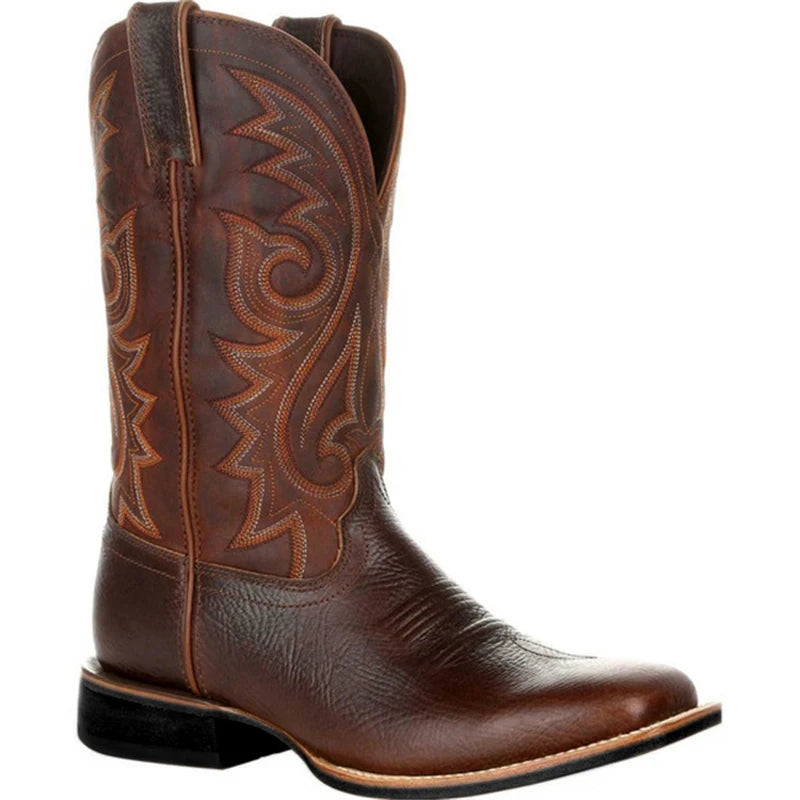 Western Cowboy Boots Black Brown Faux Leather Winter Shoes Retro Men Boots Embroidered Men Mid-calf Boots Plus Size 48 Botas