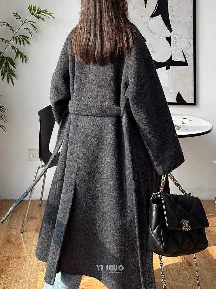 Korean Fashion Dark Gray Stand Collar 100%Wool Coat Women Long Winter Jacket