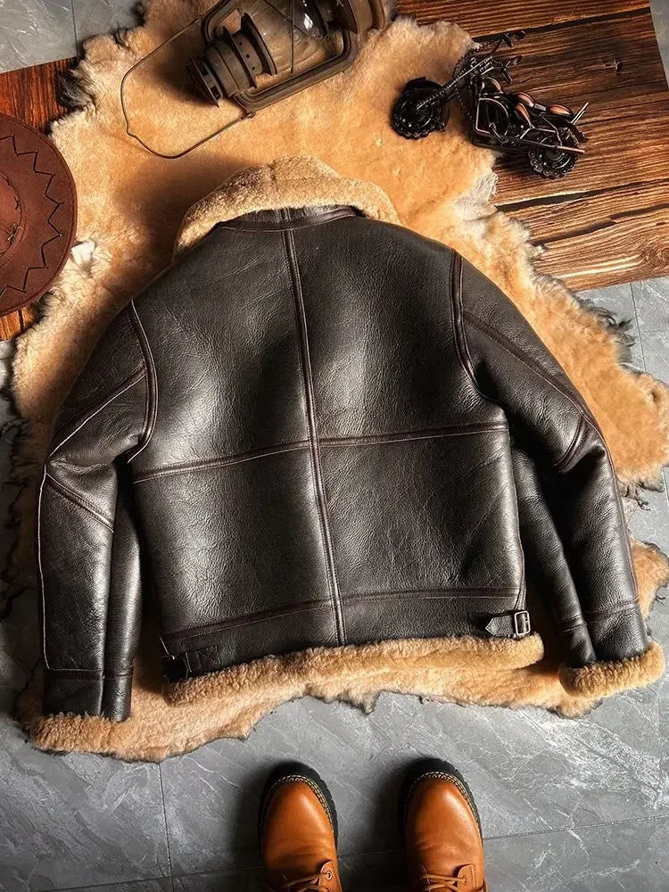 New Fashion 2024 Men's Winter Coat Genuine Leather Natural Sheepskin Shearling Jacket Thick Wool Liner Brown Plus Size XXXXXXL