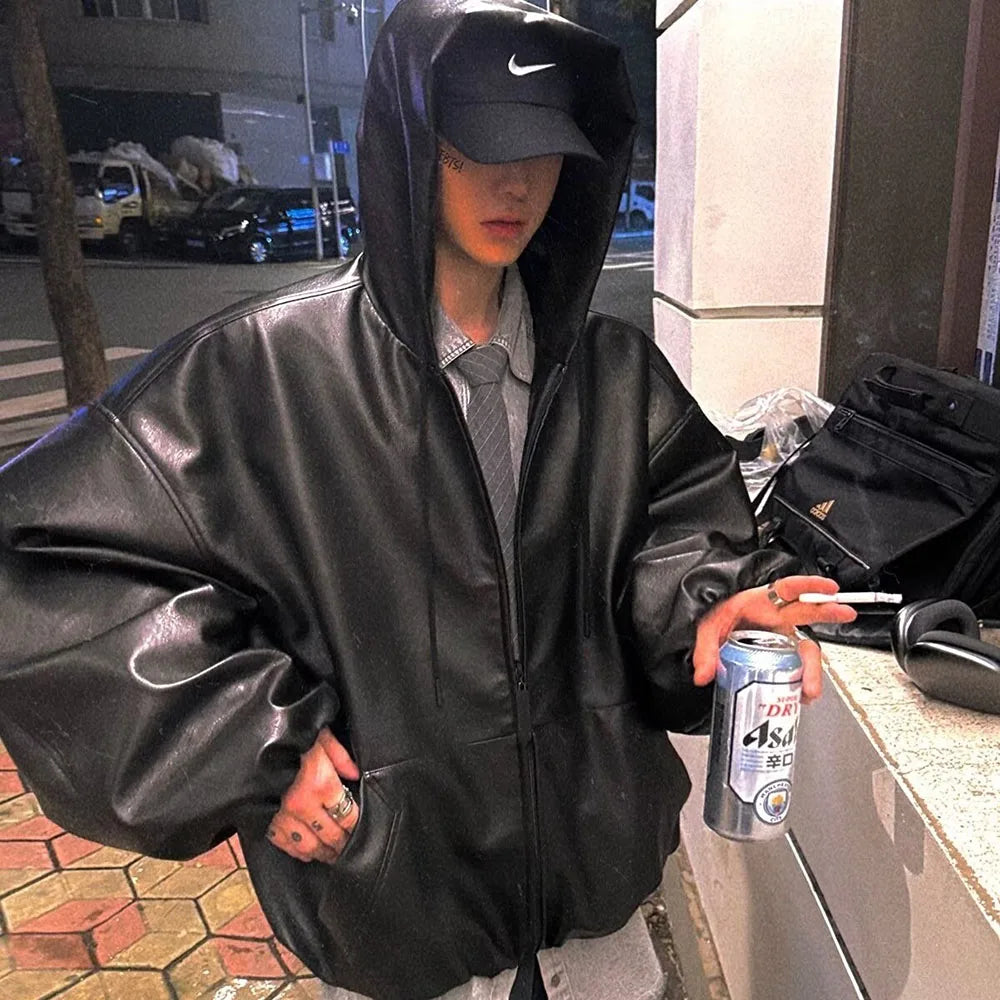 High Street Black Color Pu Leather WIndbreaker Coat Mens and Women Cleanfit Casual Loose Zipper Hooded Jackets Oversized