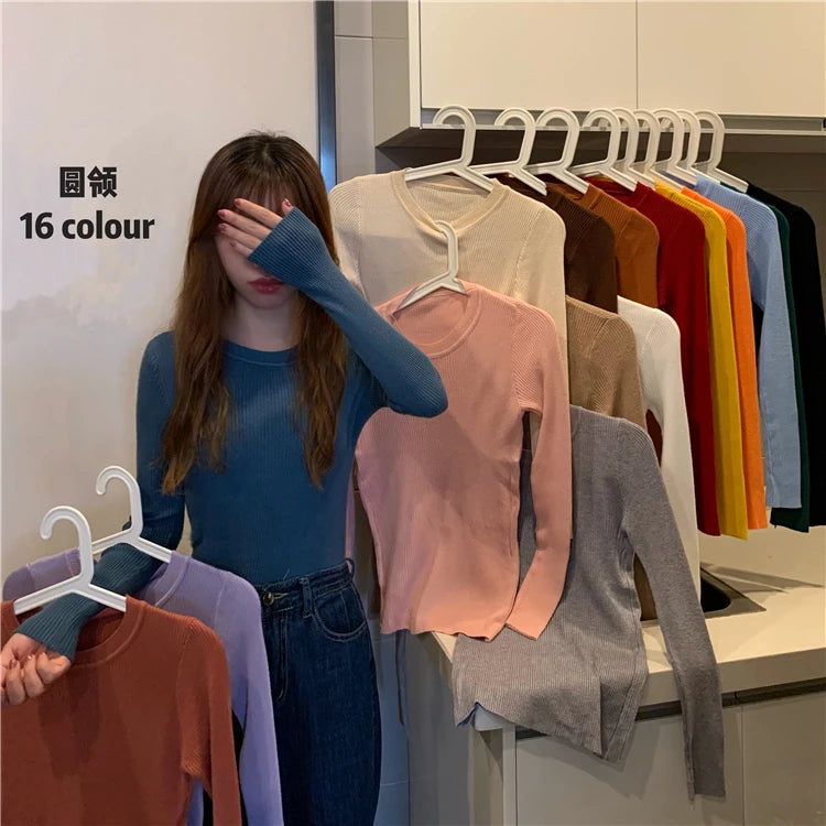 2025 New Women Sweater Autumn Winter Long Sleeve Pullover Basic Top Fashion O-neck Elastic Female Winter Solid Knitted Jumper