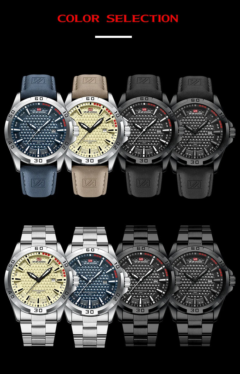 VA VA VOOM Men Casual Sport Military Quartz Calendar Wrist Watch for Man Business Leather Waterproof Male Clock Relogio Masculin