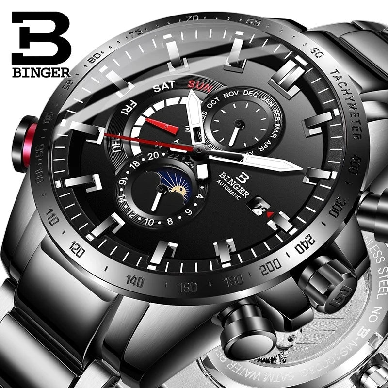 Genuine Luxury Switzerland BINGER Brand Mens Watches Automatic Mechanical Luminous Waterproof Running Calendar Male Moon Phase