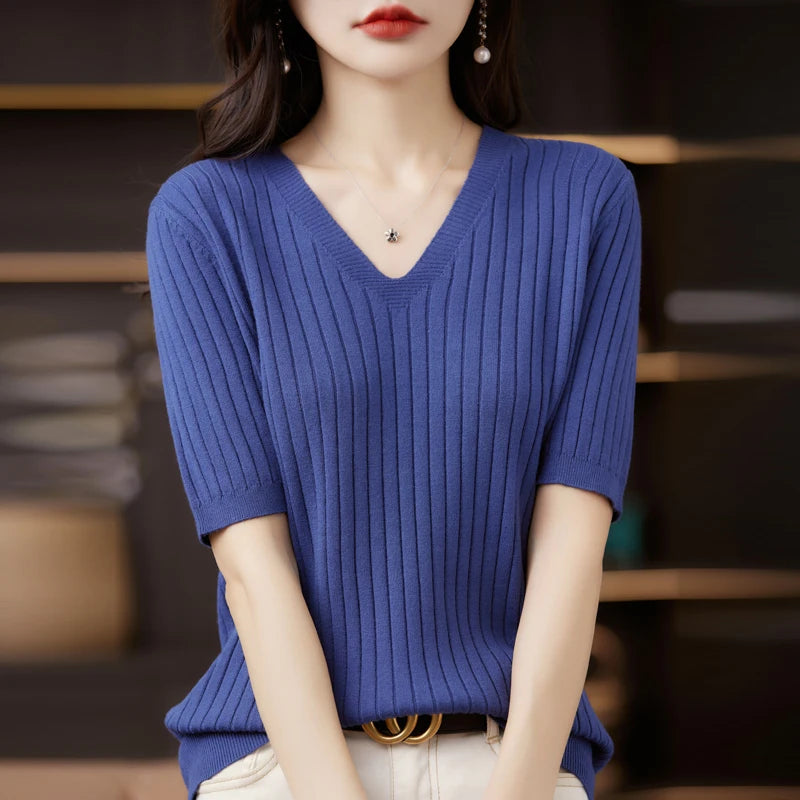Women's Sweater Spring Summer Short Sleeve V-neck Knit Shirt Casual Korean Pullovers Stripe Bottoming Shirt Slim Fit Jumpers