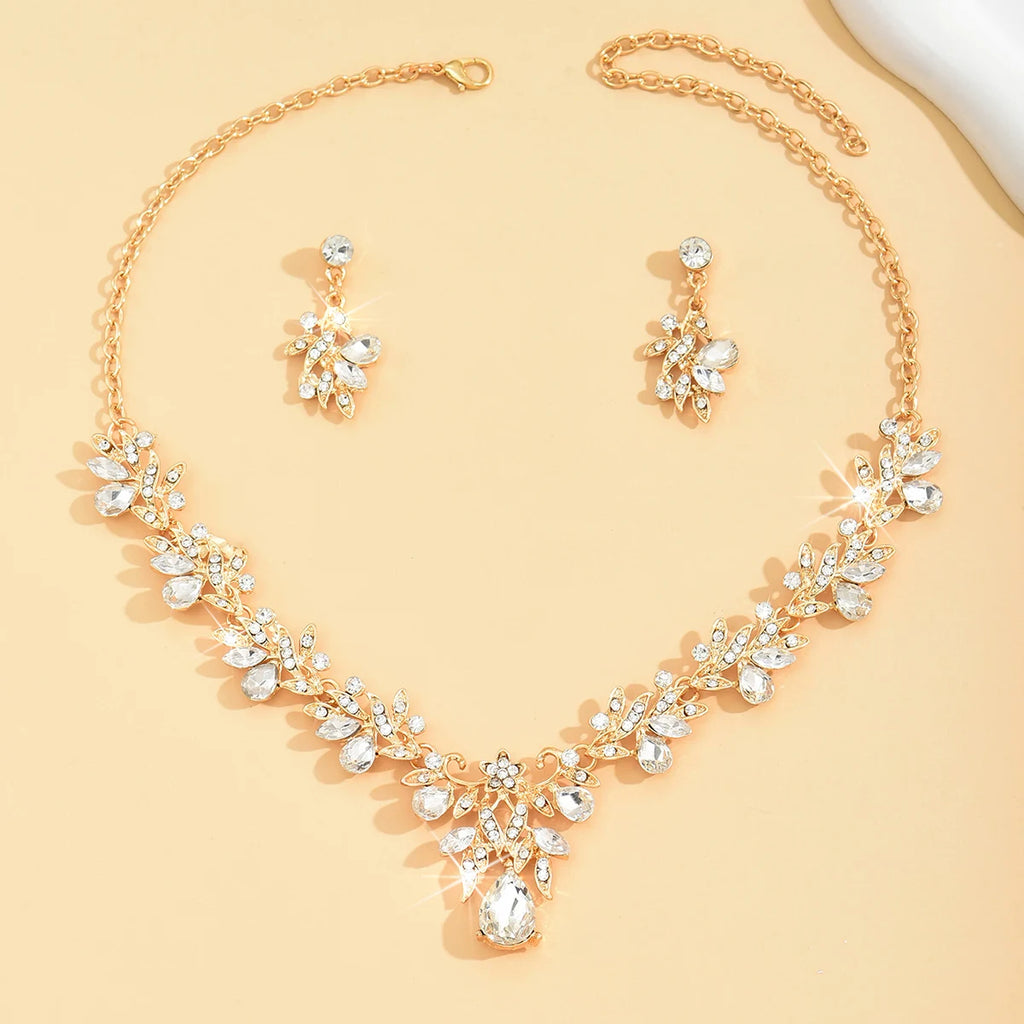 3PC Wedding Season Women's Fashion Trend Sparkling Leaf Water Drop Necklace Earrings Jewelry Set Banquet Party Holiday Gift