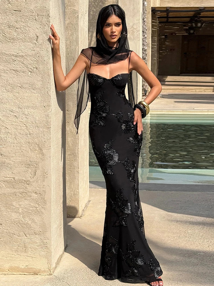 Nibber Elegant Flower Embroidery Maxi Dress Women Low-Neck Cross Bandage Backless Summer Street Trend Skinny Holiday Vestidos