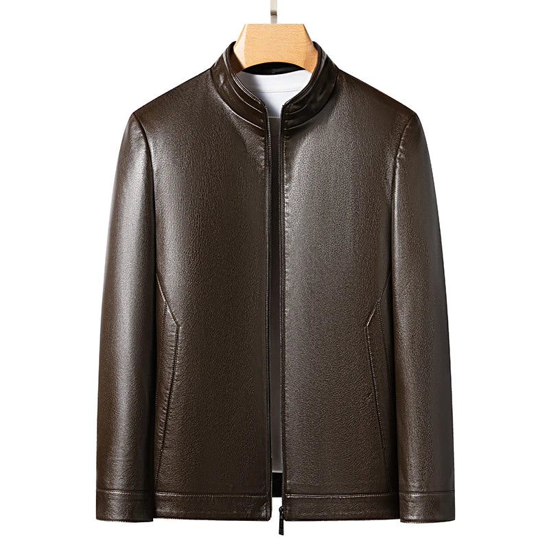 YN-2335 Spring and Autumn Men's Genuine Leather Polo Mock Neck Jacket Fashion Slim Sheepskin Coat Black Grey Husband Gift Youth