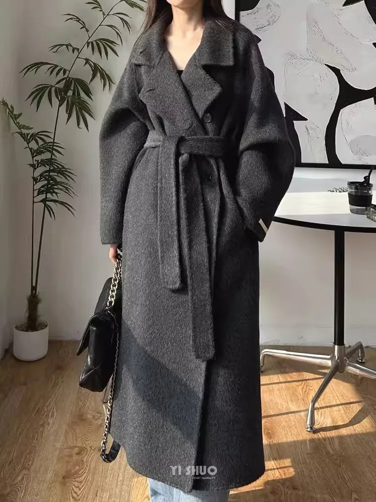 Korean Fashion Dark Gray Stand Collar 100%Wool Coat Women Long Winter Jacket