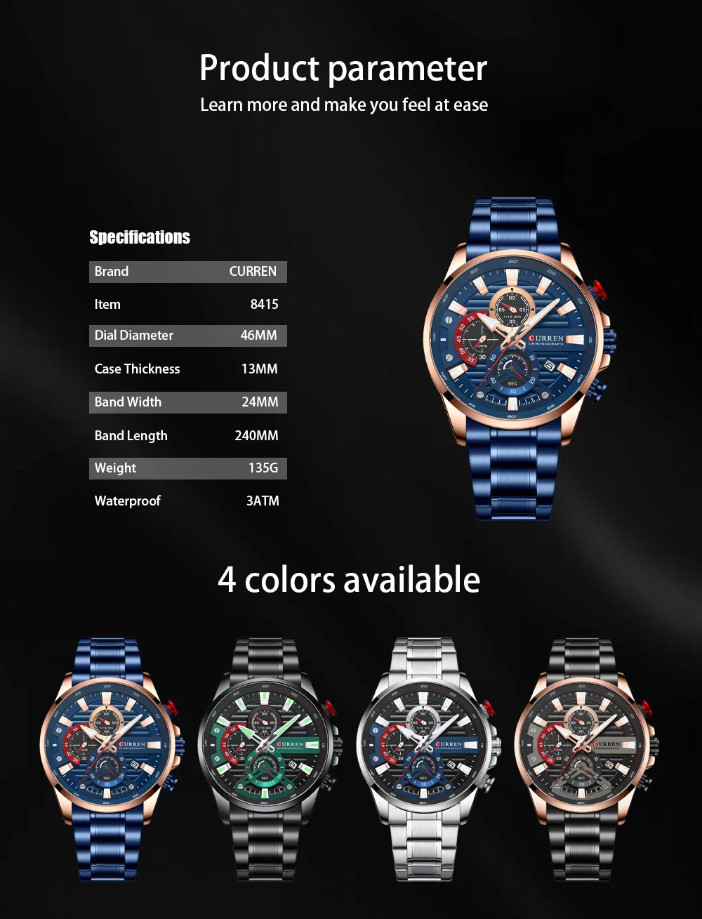 CURREN Sports Casual Quartz Wristwatches with Chronograph Fashion Stainless Steel Men's Watch Auto Date Clock Male with box