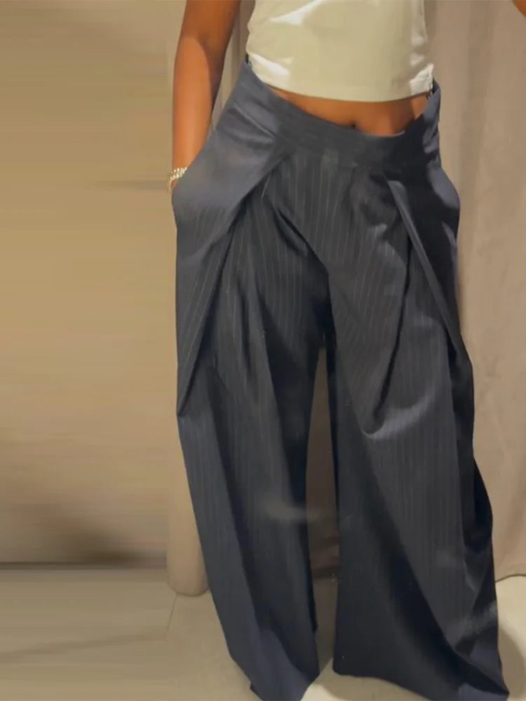 Casual Striped Loose Pants Women High Waist Pleated Straight Long Wide Leg Trousers Female 2025 Fashion Autumn Lady Bottoms